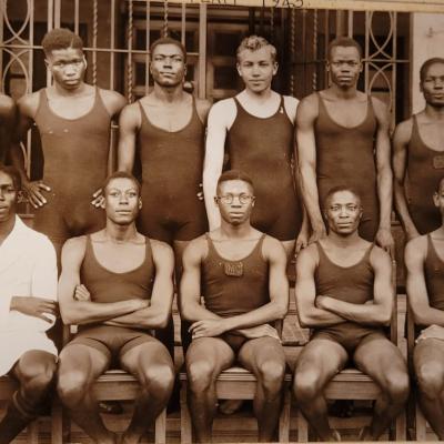 Swimming 1943 Top Left to Bottom : EMutesa GD Parma HK. Chagula G. M.Sewali S. Stokes HJ. Kibuka SEM.Mdachi (Capt.) D. Akuti S. Musoke CC.J.Msigala RA Himid